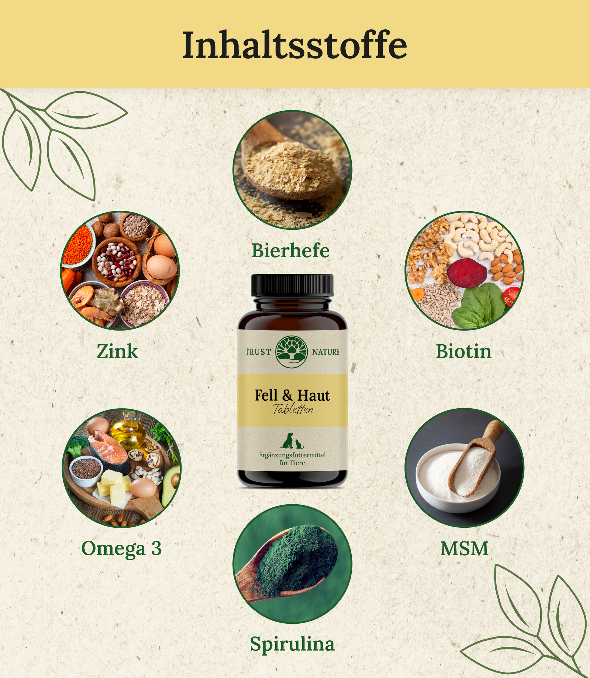 Inhaltsstoffe Fell- und Hauttabletten: Bierhefe, Biotin, MSM, Spirulina, Omega 3, Zink