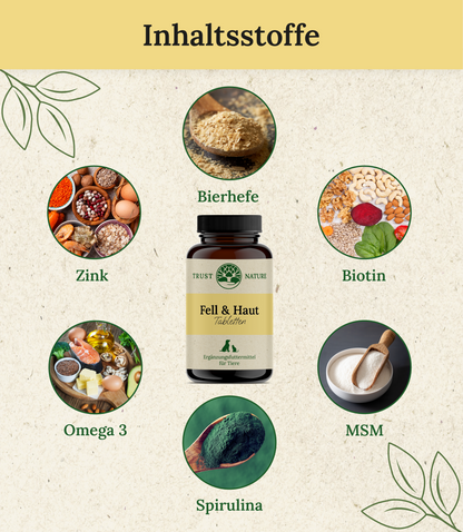 Inhaltsstoffe Fell- und Hauttabletten: Bierhefe, Biotin, MSM, Spirulina, Omega 3, Zink